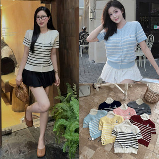Áo cardigan len thừng cộc tay phối kẻ thêu gấu W 247store Cardigan nữ đi học đi làm Back To School