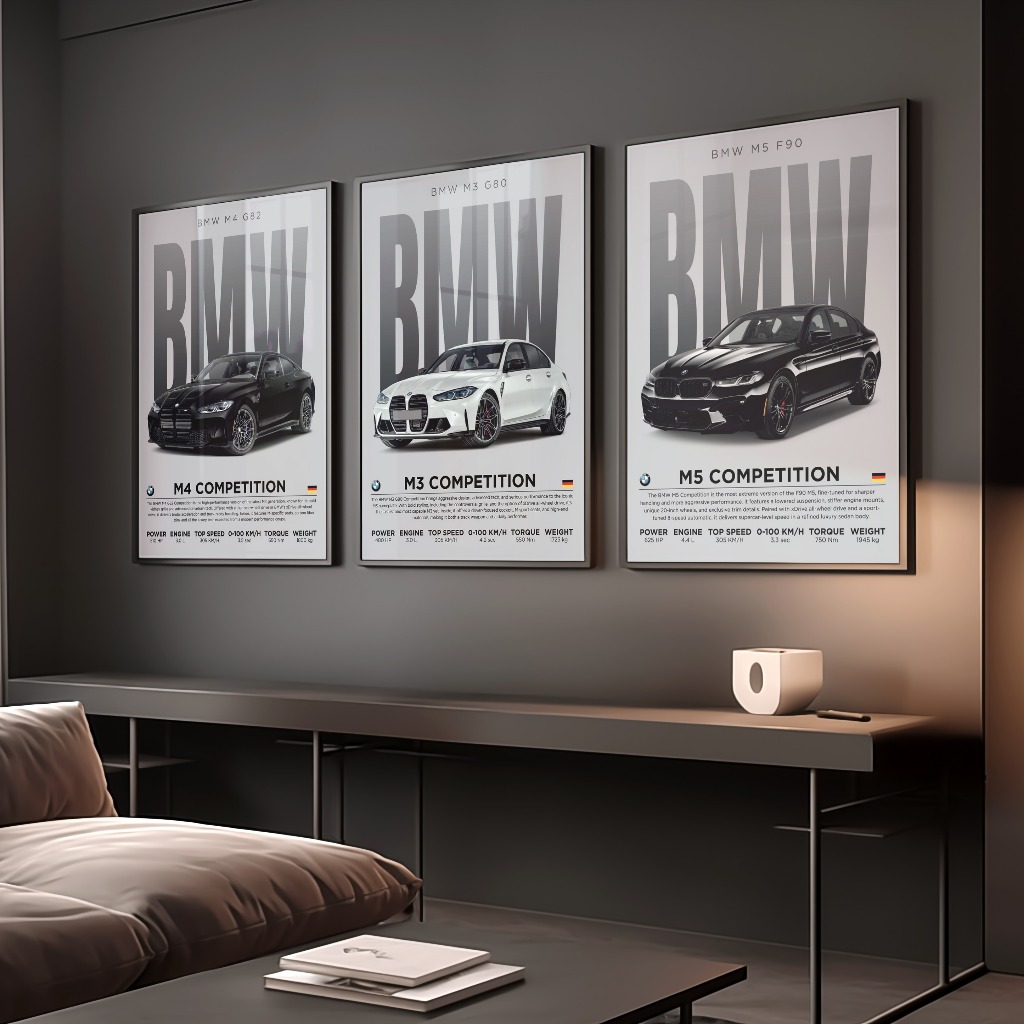 Poster Siêu Xe AUDI, BMW, Ferrari treo tường khung Composite decor trang trí phòng khách, studio, cửa hàng