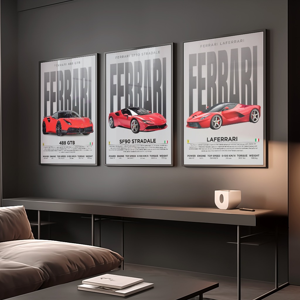 Poster Siêu Xe AUDI, BMW, Ferrari treo tường khung Composite decor trang trí phòng khách, studio, cửa hàng