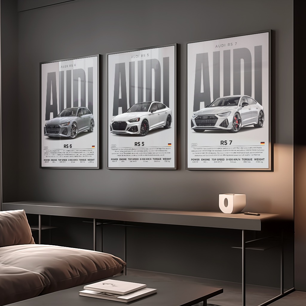 Poster Siêu Xe AUDI, BMW, Ferrari treo tường khung Composite decor trang trí phòng khách, studio, cửa hàng