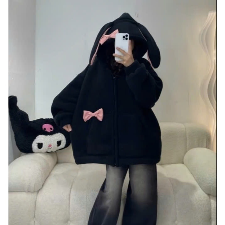 [Mã Giảm 10k] Áo Khoác Nỉ Phối Tai Thỏ Hồng Nữ Hoodie Zip Mũ Rộng 2 Lớp Chất Nỉ Bông Dày Dặn Ấm Áp Phong Cách Trẻ Trung