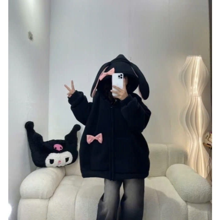 [Mã Giảm 10k] Áo Khoác Nỉ Phối Tai Thỏ Hồng Nữ Hoodie Zip Mũ Rộng 2 Lớp Chất Nỉ Bông Dày Dặn Ấm Áp Phong Cách Trẻ Trung