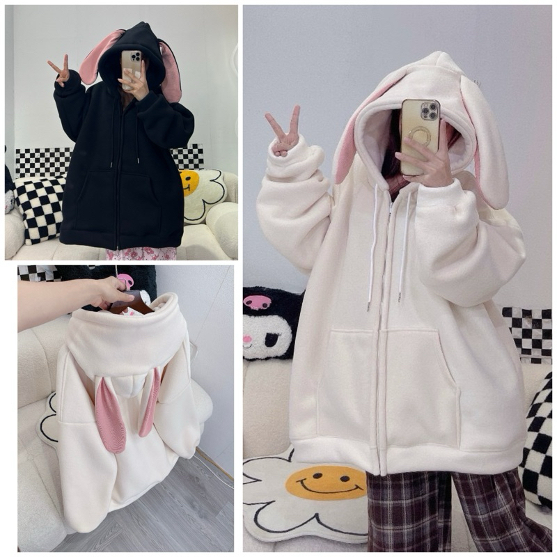 [Mã Giảm 10k] Áo Khoác Nỉ Phối Tai Thỏ Hồng Nữ Hoodie Zip Mũ Rộng 2 Lớp Chất Nỉ Bông Dày Dặn Ấm Áp Phong Cách Trẻ Trung