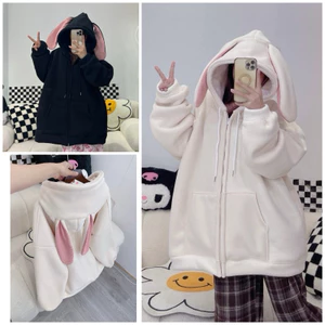 Áo Khoác Nỉ Phối Tai Thỏ Hồng Nữ Hoodie Zip Mũ Rộng 2 Lớp Chất Nỉ Bông Dày Dặn Ấm Áp Phong Cách Trẻ Trung