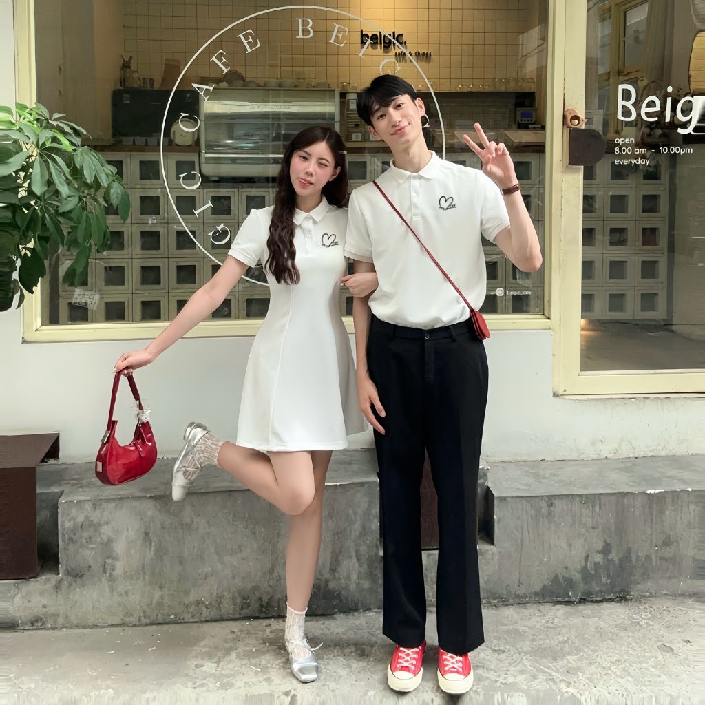 Set đồ đôi áo polo nam & váy có cổ nữ thêu moni theo yêu cầu làm quà tặng kỷ niệm, sinh nhật vải cotton cao cấp