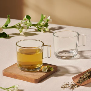 Bộ cốc đĩa uống trà nóng thủy tinh LOTUS GLASS VTC47 màu hổ phách trong suốt có quai cao cấp, an toàn