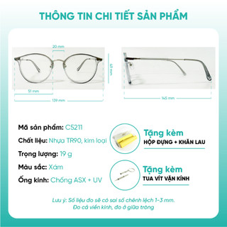 Gọng kính tròn mắt mèo nhẹ thời trang nữ KAO Plus chất liệu nhựa kết hợp kim loại C5211