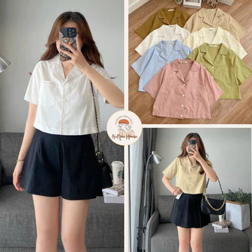 Áo sơ mi croptop nữ ANNA HOUSE áo blazer nữ tay ngắn vải thô đũi mềm mát áo sơ mi dáng ngắn