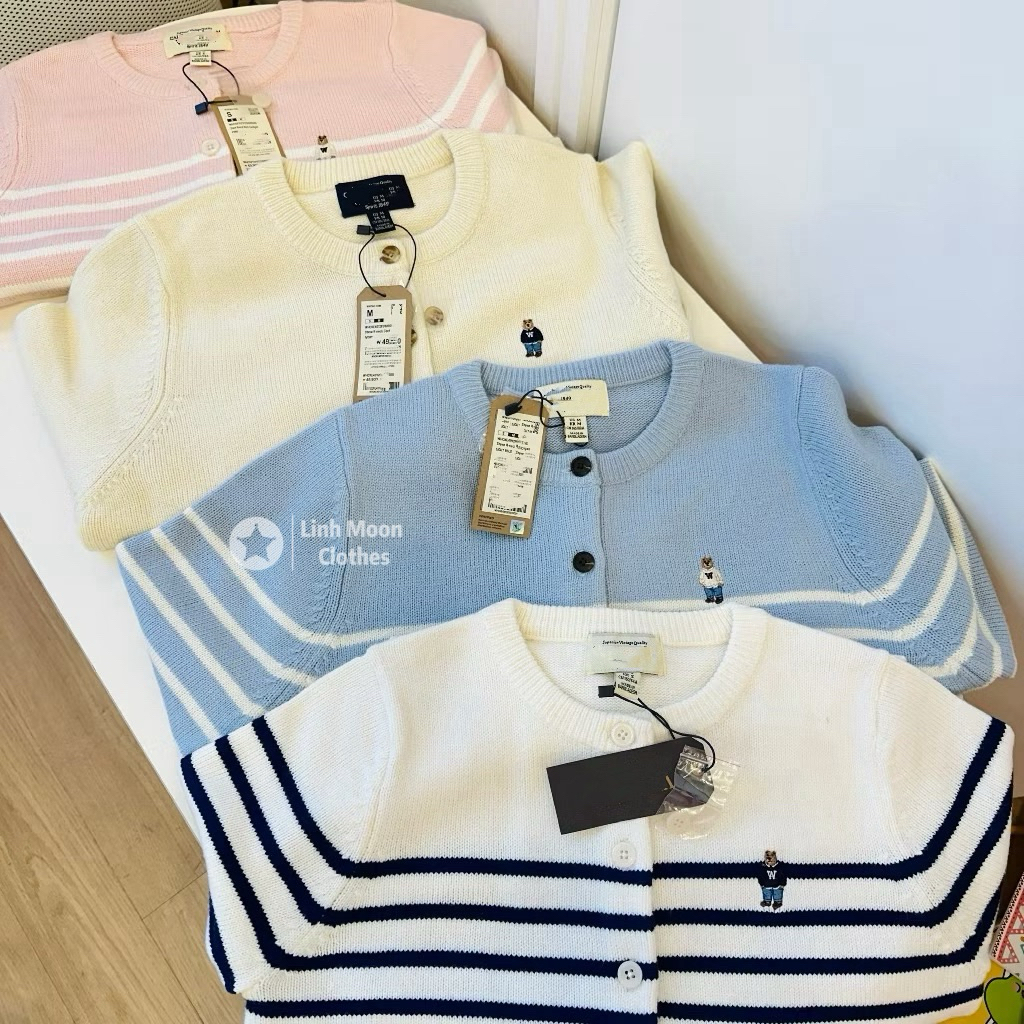 New 2026 Áo len cardigan nữ dáng rộng thêu gấu sọc ngang dễ thương chất len dày mịn giữ ấm Kèm Ảnh Thật