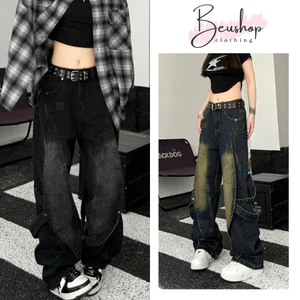 Quần Jean Nữ Phối Dây Suông Ống Rộng 3 Màu WASH RETRO Quần Jean Unisex Phối Dây Phong Cách HIPHOP