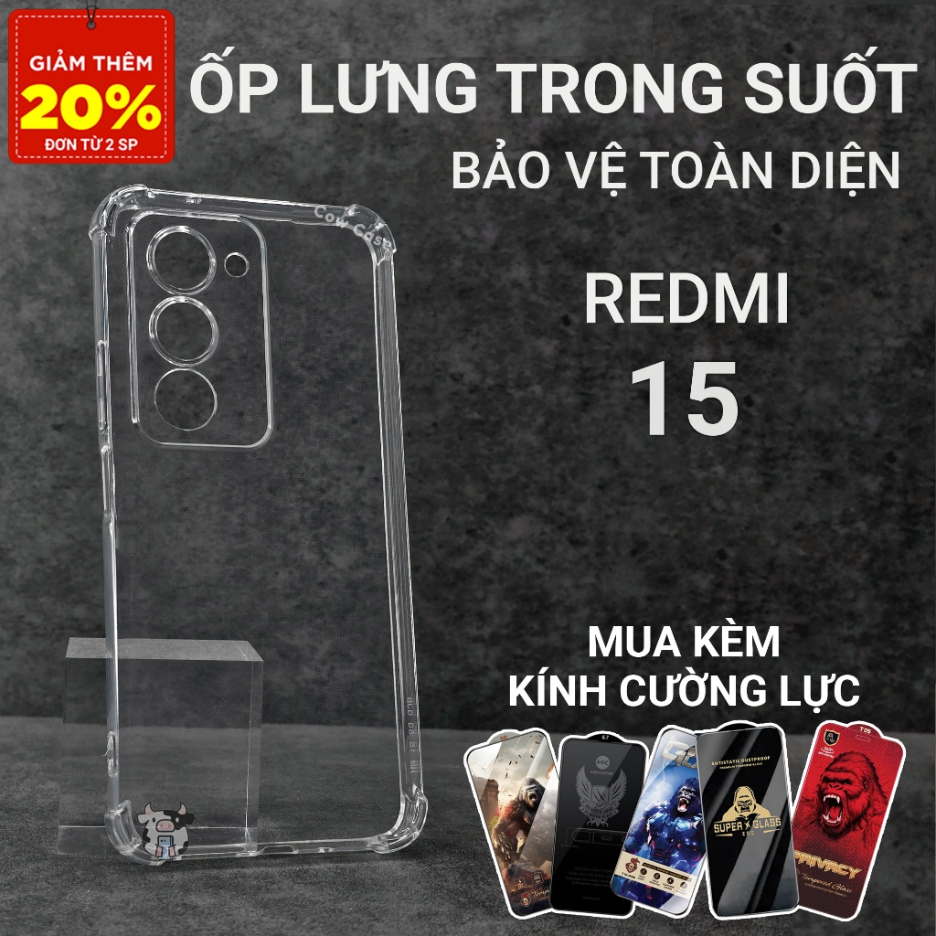 Ốp lưng Redmi 15 Cowcase trơn trong suốt | Ốp điện thoại Xiaomi dẻo bảo vệ camera đt toàn diện