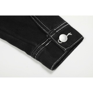 Áo Khoác Denim Jacket Unisex Form Vừa Vặn Cổ Cao Line Rách Màu Đen Wash Basic.