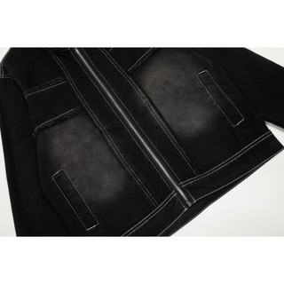 Áo Khoác Denim Jacket Unisex Form Vừa Vặn Cổ Cao Line Rách Màu Đen Wash Basic.