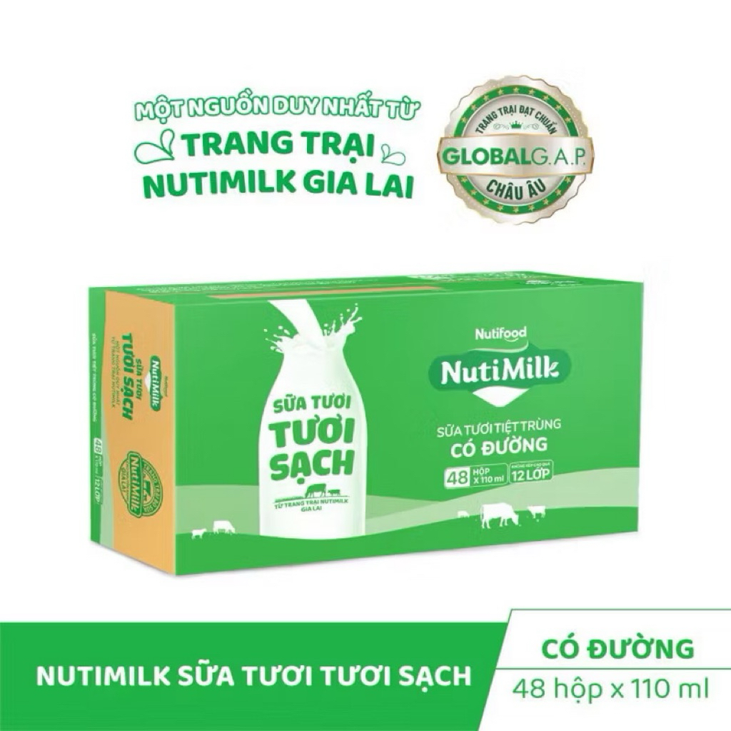 {Sữa sạch } Thùng 48 hộp sữa tươi tiệt trùng Nutimilk tươi sạch 180ml/110ml có đường/ ít đường/nguyên chất
