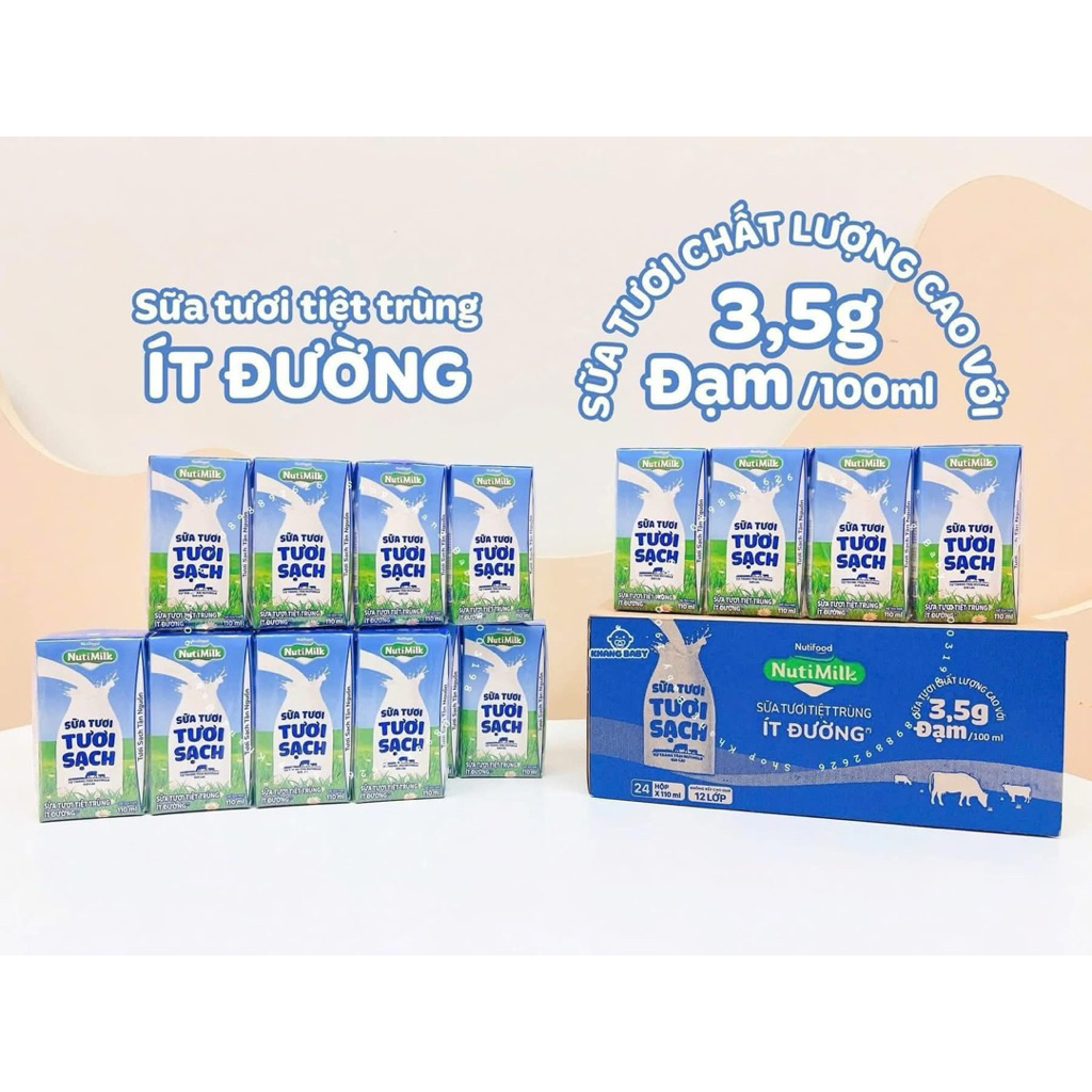 {Sữa sạch } Thùng 48 hộp sữa tươi tiệt trùng Nutimilk tươi sạch 180ml/110ml có đường/ ít đường/nguyên chất