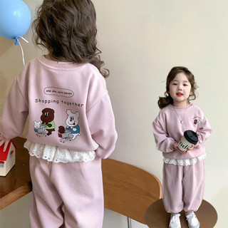 ( Hàng có sẵn ) Sét bộ nỉ hai da áo in hình gấu xinh mix quần cạp viền ren cho bé gái