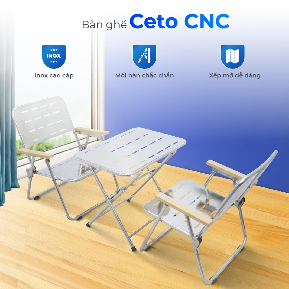 Bộ bàn ghế cà phê Ceto CNC QUI PHÚC, gấp gọn linh hoạt, kích thước 40x60cm, khung inox bền chắc