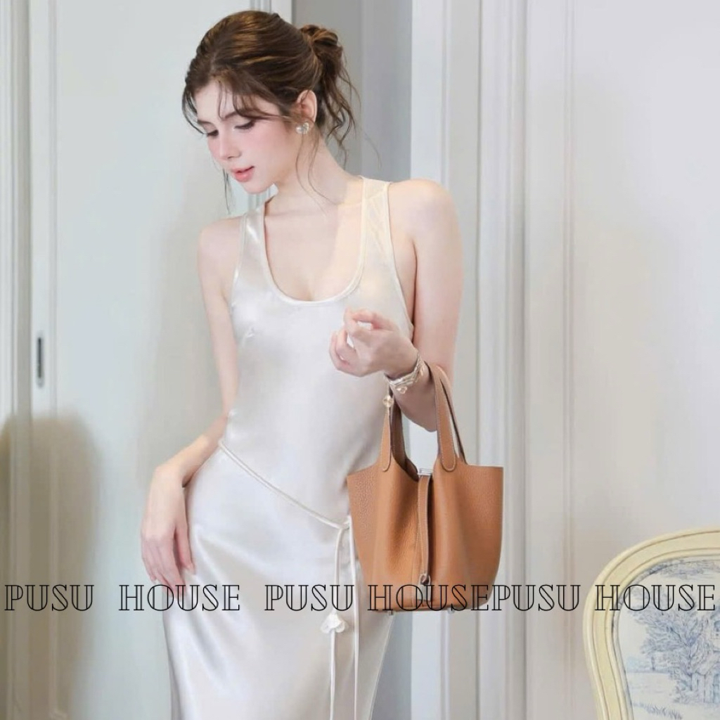 Đầm dự tiệc maxi lụa đuôi cá dài cổ U hai dây kèm dây hoa sang trọng dịu dàng - Pusu house