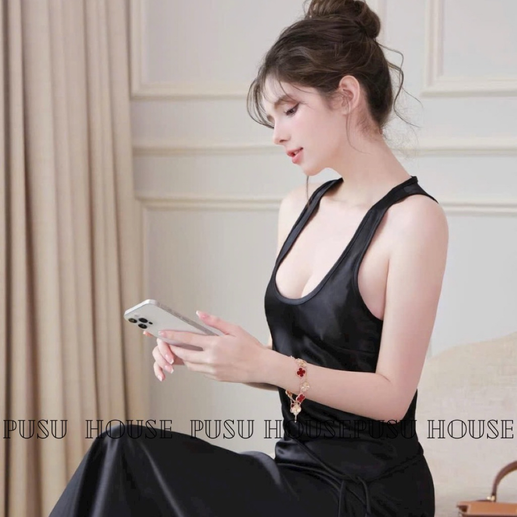 Đầm dự tiệc maxi lụa đuôi cá dài cổ U hai dây kèm dây hoa sang trọng dịu dàng - Pusu house