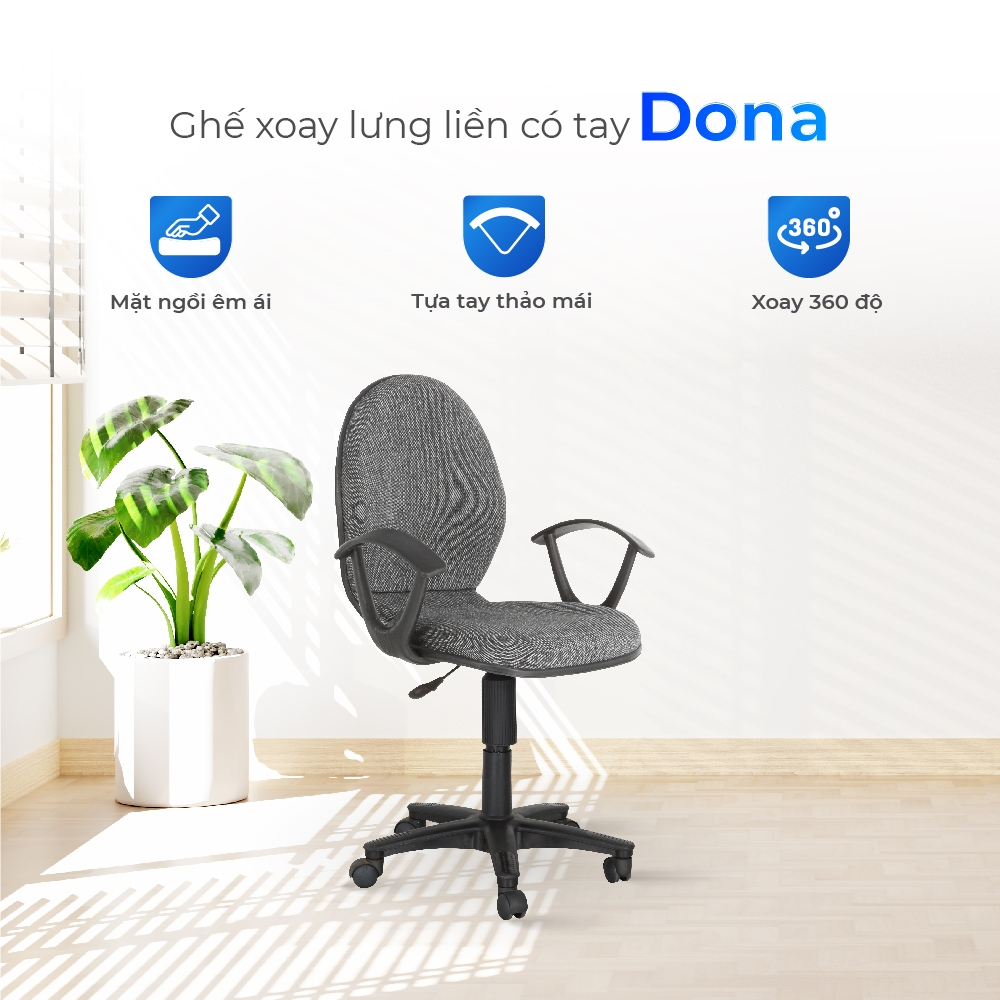 Ghế văn phòng Dona QUI PHÚC, lưng liền, có gác tay, ghế xoay 360 độ, công thái học, dễ lắp đặt