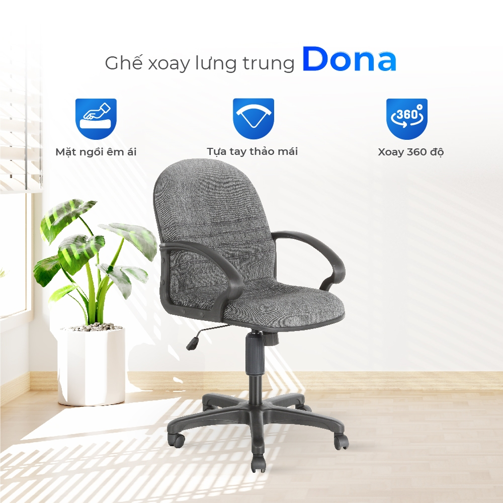 Ghế văn phòng Dona QUI PHÚC, lưng trung, ghế xoay 306 độ, chắc chắn, nệm êm ái, thoải mái, chắc chắn