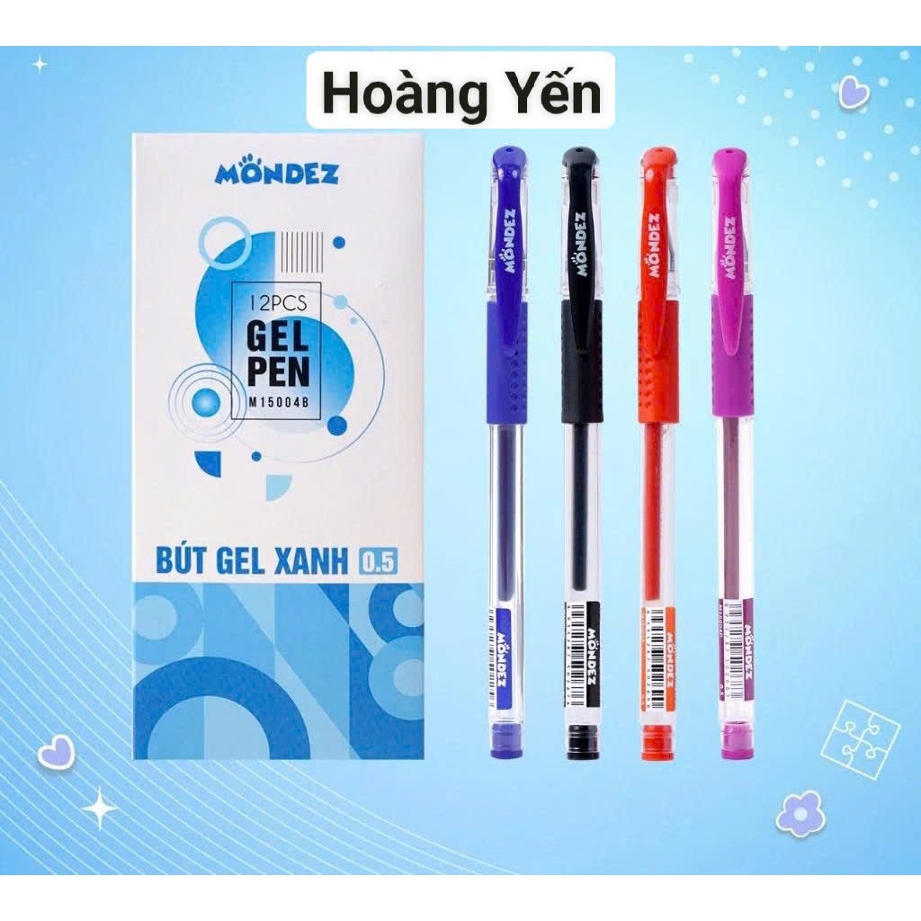 Hộp 12 Bút Gel MONDEZ Bút Mực Nước Ngòi 0.5mm, Viết Trơn Nét Đẹp, Bút Nước 4 Màu Mực Xanh Đen Tím Đỏ-HoangYen