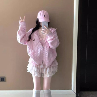 Áo khoác nữ có mũ kéo khoá chất liệu len mịn mềm màu hồng baby