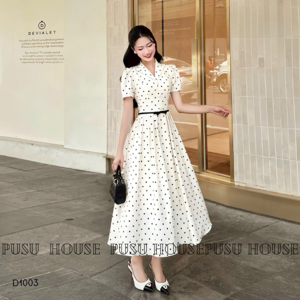 Đầm công sở dự tiệc chấm bi cổ vest dáng dài xoè thanh lịch sang trọng - Pusu house