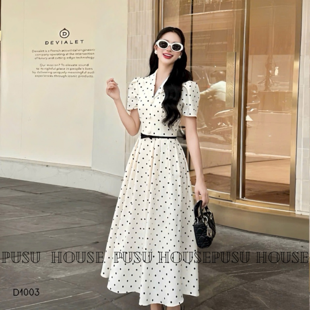 Đầm công sở dự tiệc chấm bi cổ vest dáng dài xoè thanh lịch sang trọng - Pusu house