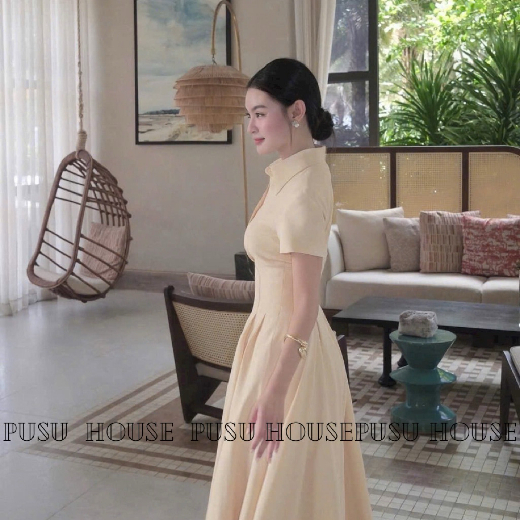 Đầm sơmi có túi cổ vest dáng chiết eo xoè dài đi tiệc công sở thanh lịch siêu sang -Pusu house