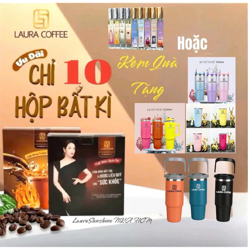 (Kèm Quà ) Combo 10 Hộp Laura Cafe Nhật Kim Anh 2 Vị Nấm Linh Chi  và Đông Trùng Hạ Thảo Hộp 10 gói