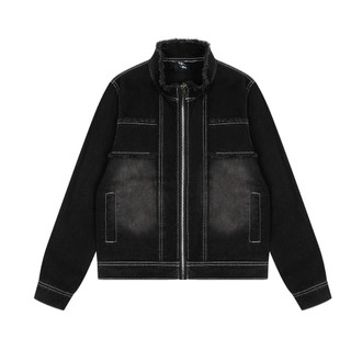Áo Khoác Denim Jacket Unisex Form Vừa Vặn Cổ Cao Line Rách Màu Đen Wash Basic.