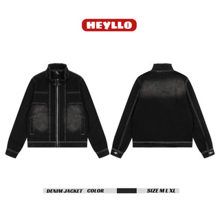 Áo Khoác Denim Jacket Unisex Form Vừa Vặn Cổ Cao Line Rách Màu Đen Wash Basic.