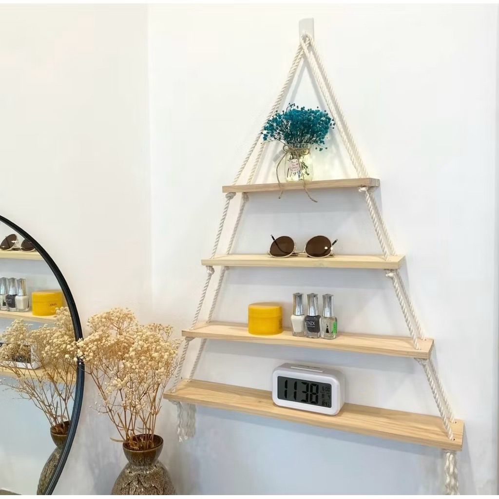 Kệ gỗ treo tường 4 tầng 30.40.50.60x12cm trang trí thanh ngang treo dây thừng decor [ TẶNG KÈM ĐINH VÀ DÂY TREO ]