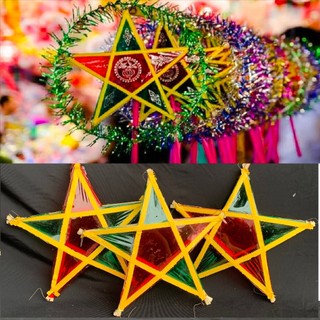 Đèn ông sao giấy kính truyền thống đầy đủ  cán cầm vui Tết trung thu và đèn sao không vòng decor