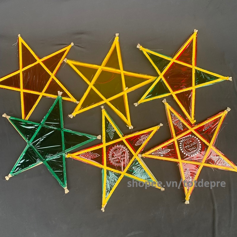 Đèn ông sao giấy kính truyền thống đầy đủ  cán cầm vui Tết trung thu và đèn sao không vòng decor