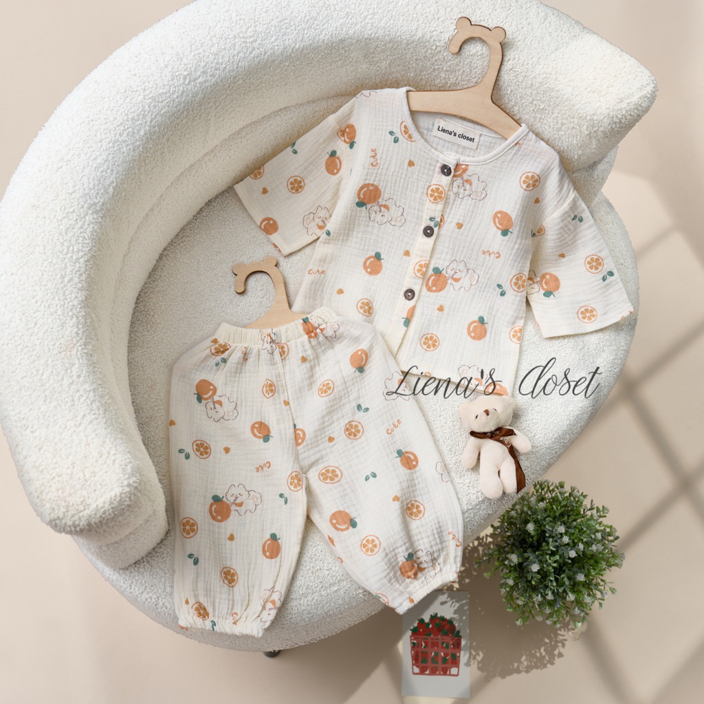 Bộ Đồ Dài Tay Cho Bé Cổ Tròn Khuy Cài Vải Xô Muslin Mềm Mịn Thoáng Mát, Quần Áo Trẻ Em 5–21kg Tiệm Nhà Bơ
