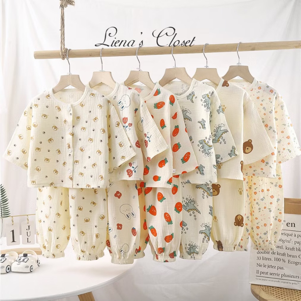 Bộ Đồ Dài Tay Cho Bé Cổ Tròn Khuy Cài Vải Xô Muslin Mềm Mịn Thoáng Mát, Quần Áo Trẻ Em 5–21kg Tiệm Nhà Bơ