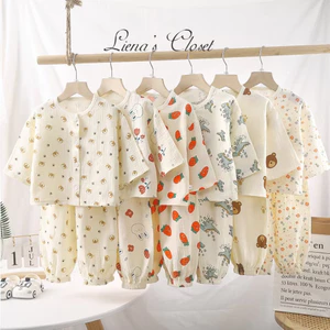 Bộ Đồ Dài Tay Cho Bé Cổ Tròn Khuy Cài Vải Xô Muslin Mềm Mịn Thoáng Mát, Quần Áo Trẻ Em 5–21kg Tiệm Nhà Bơ