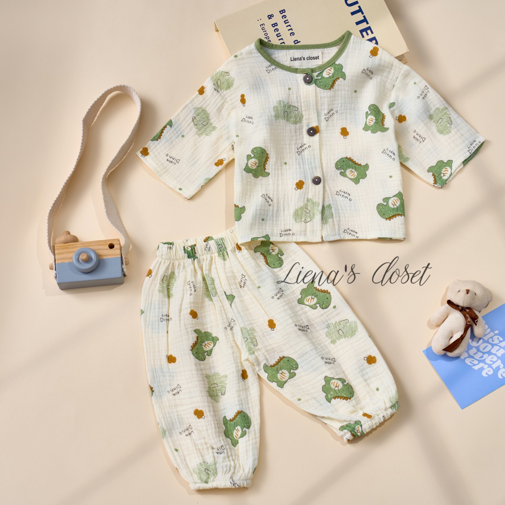 Bộ Đồ Dài Tay Cho Bé Cổ Tròn Khuy Cài Vải Xô Muslin Mềm Mịn Thoáng Mát, Quần Áo Trẻ Em 5–21kg Tiệm Nhà Bơ