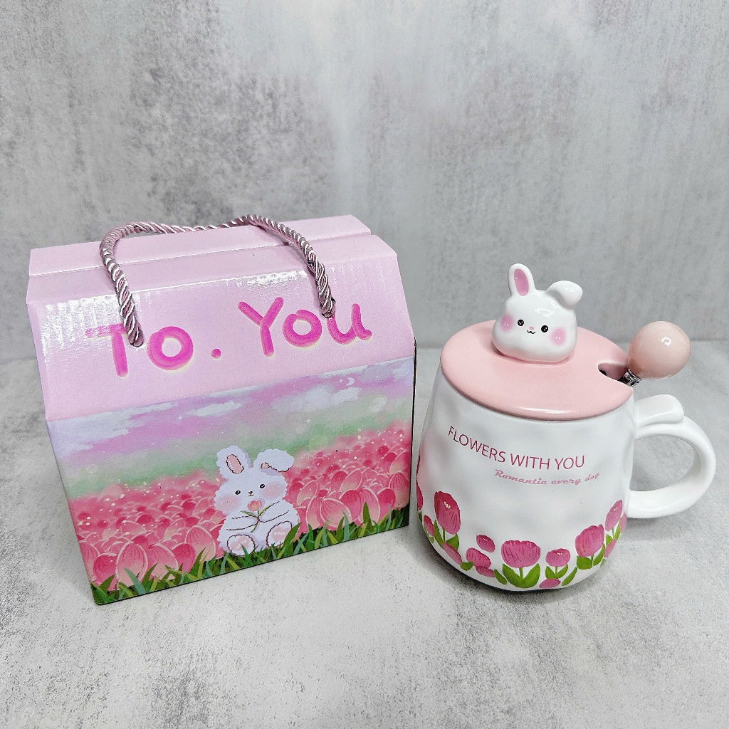 Ly cốc sứ hình thỏ dễ thương hoạ tiết hoa hồng có muỗng và hộp quà làm quà tặng sinh nhật - TTB06