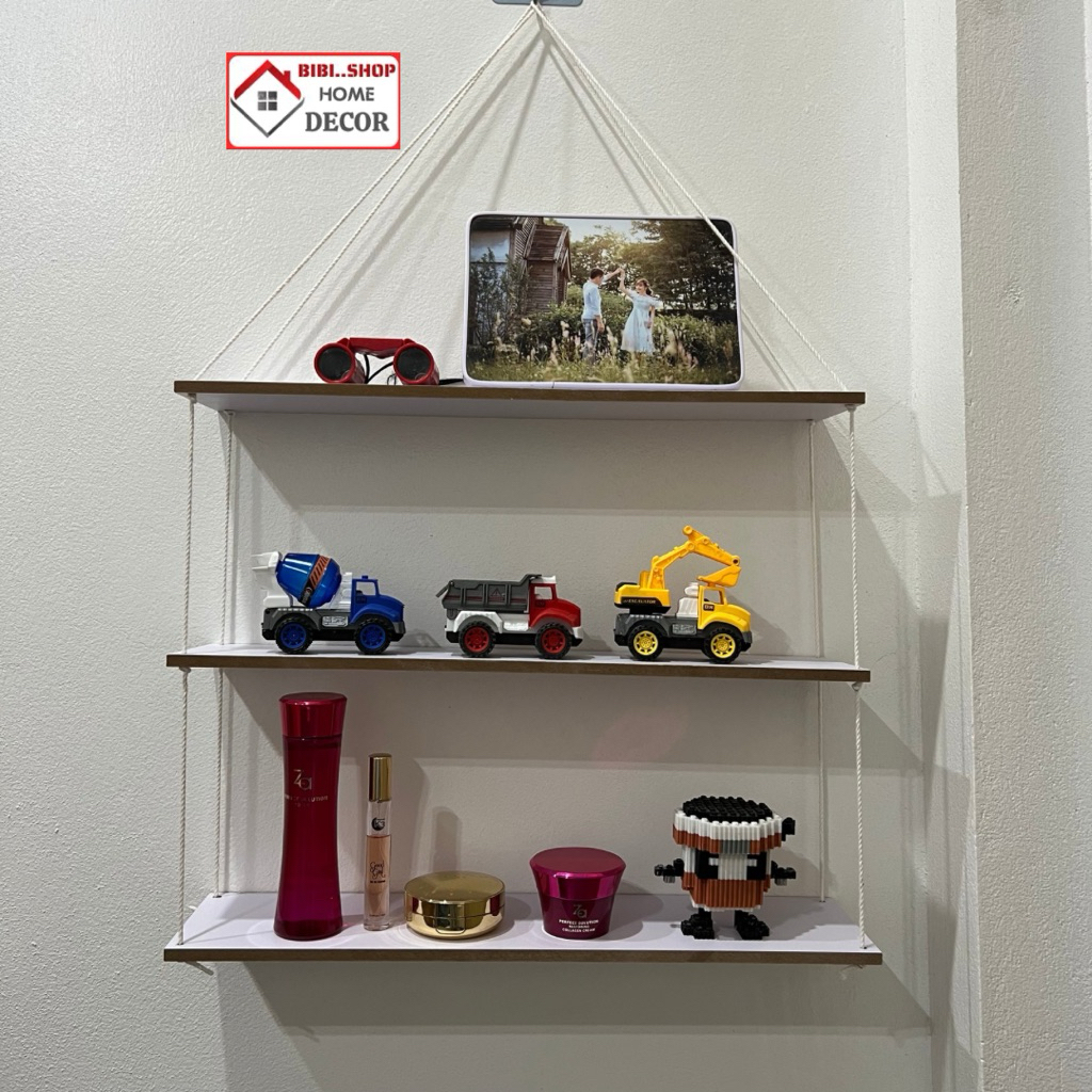 Kệ Gỗ Treo Tường Trang Trí Decor Phòng Khách Phòng Ngủ Quán cafe Thanh Ngang Treo Dây - Tặng Kèm Phụ Kiện