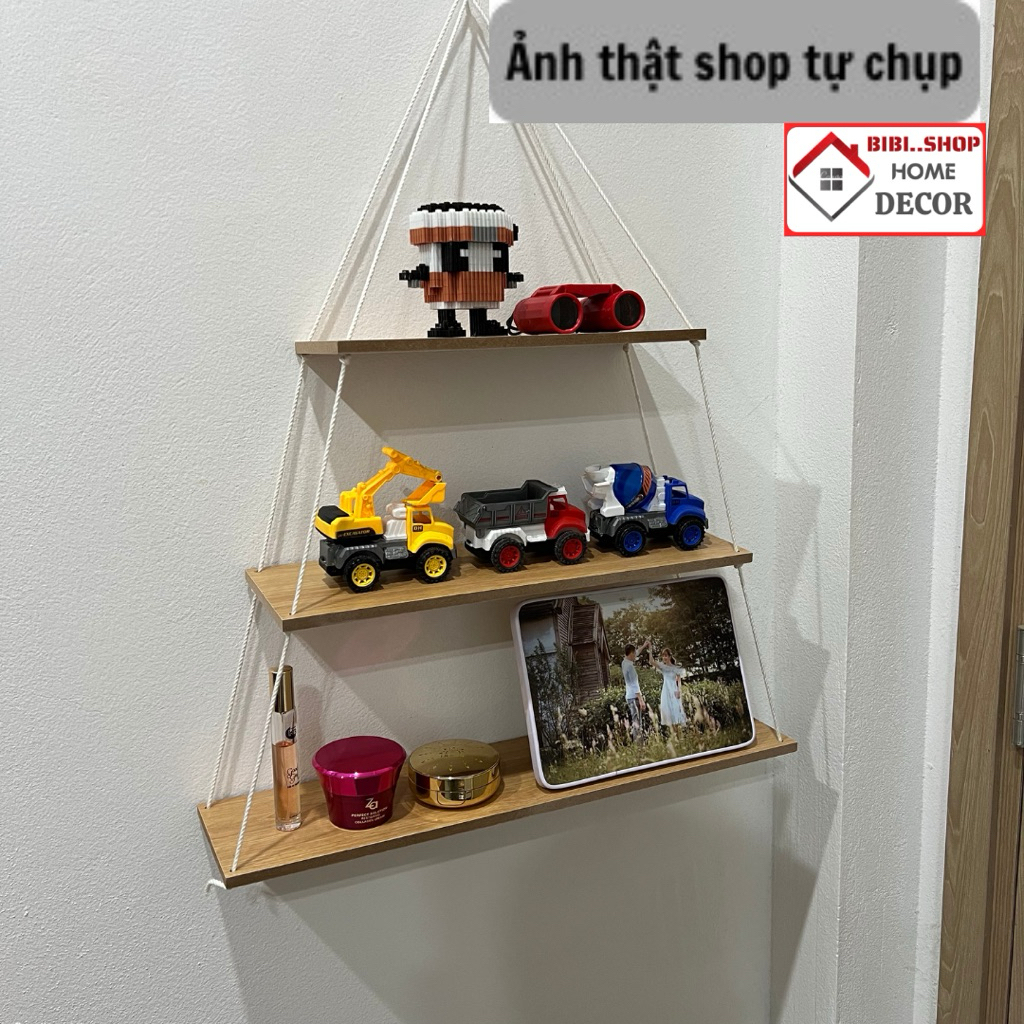 Kệ gỗ treo tường trang trí 3 tầng 4 tầng, Kệ treo tường dây thừng decor xinh