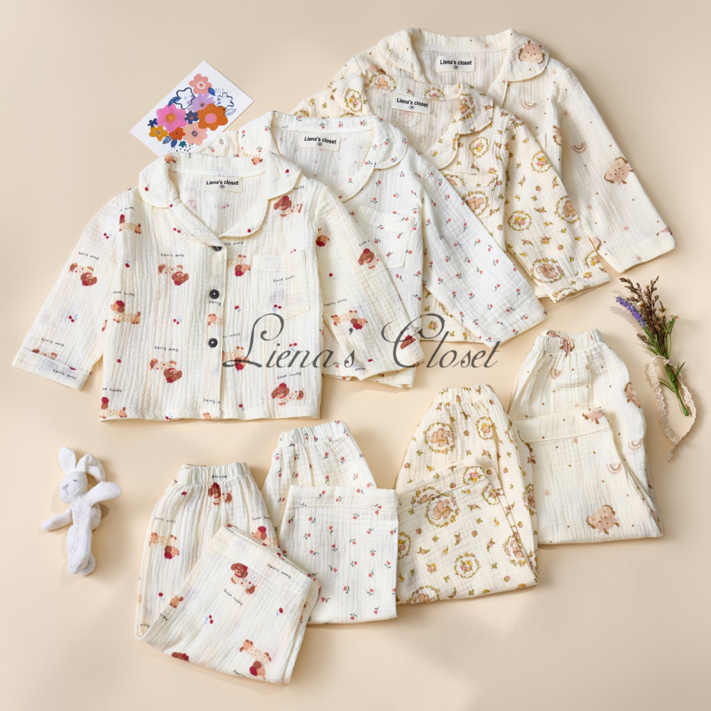 Pijama Xô Muslin Dài Tay Cho Bé Gái/ Bé Trai 1-5 Tuổi Tiệm Nhà Bơ