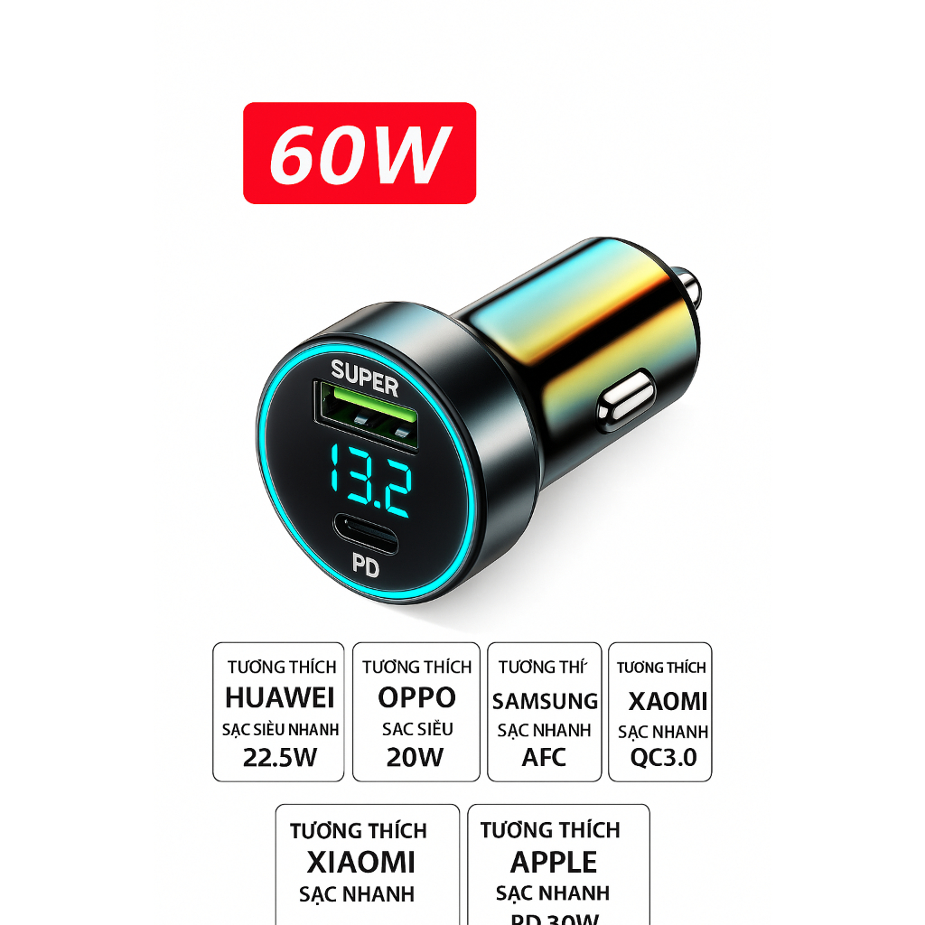 Tẩu sạc nhanh Super PD 60W 2-in-1 Car Charger với 1 cổng 3.0 USB + 1 cổng Type C