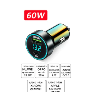 Tẩu sạc nhanh Super PD 60W 2-in-1 Car Charger với 1 cổng 3.0 USB + 1 cổng Type C