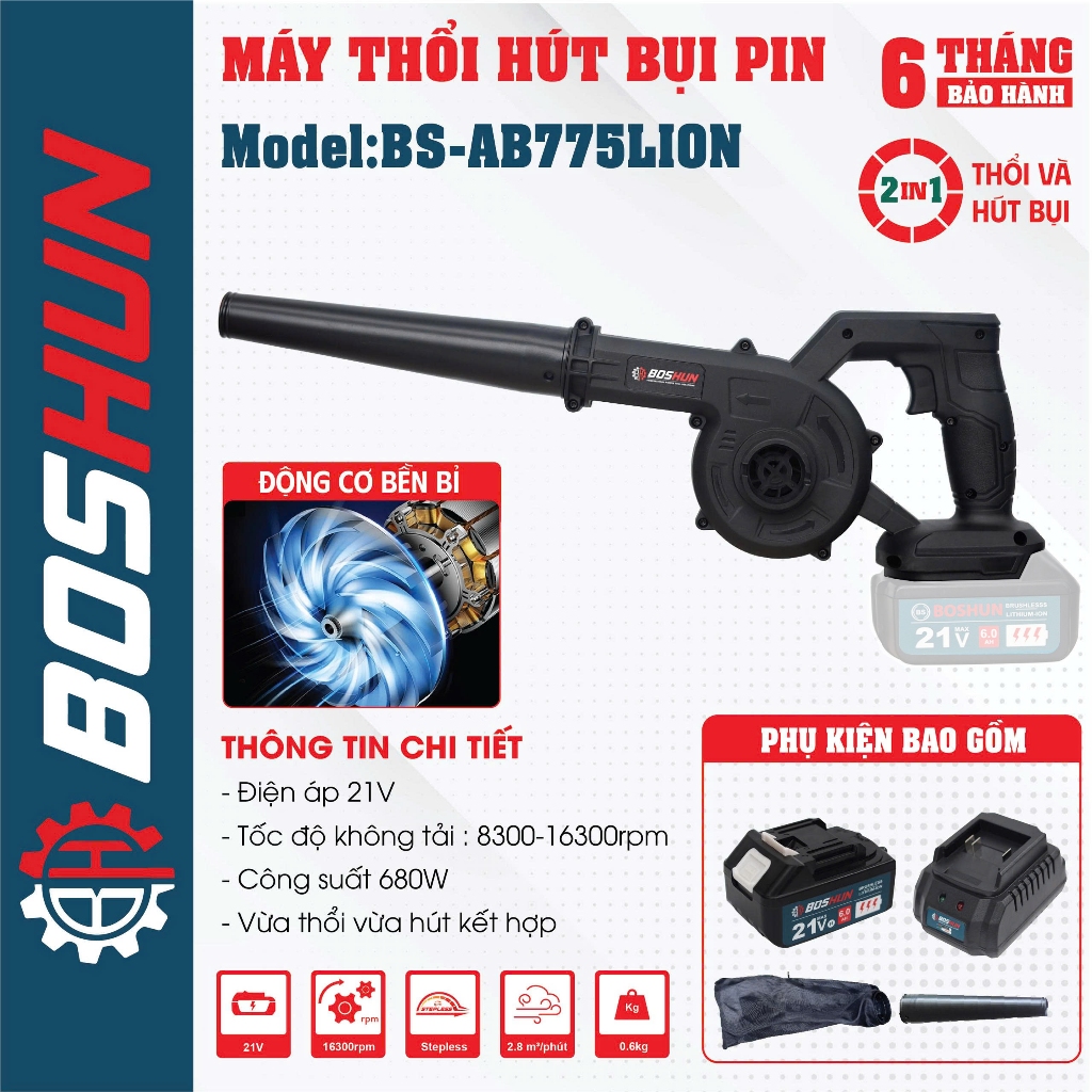 Máy thổi hút bụi pin BOSHUN BS-AB775LION, Động cơ đồng, 680W, 2 Chức năng