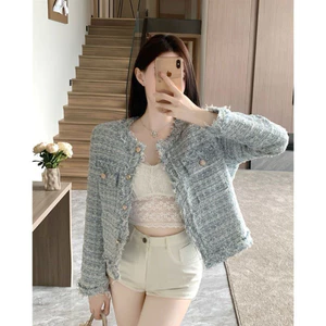 Áo Khoác Dạ Tweed cardigan Cổ Tròn Dáng crotop thiết kế túi giả dáng lửng cho nữ hàng QCCC-TD151