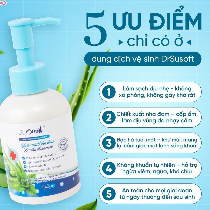 Dung dịch vệ sinh DrSusoft Nha Đam Bạc Hà - cho Bé Gái và Phụ Nữ làm sạch dịu nhẹ, cân bằng độ PH, khử mùi hôi khó chịu