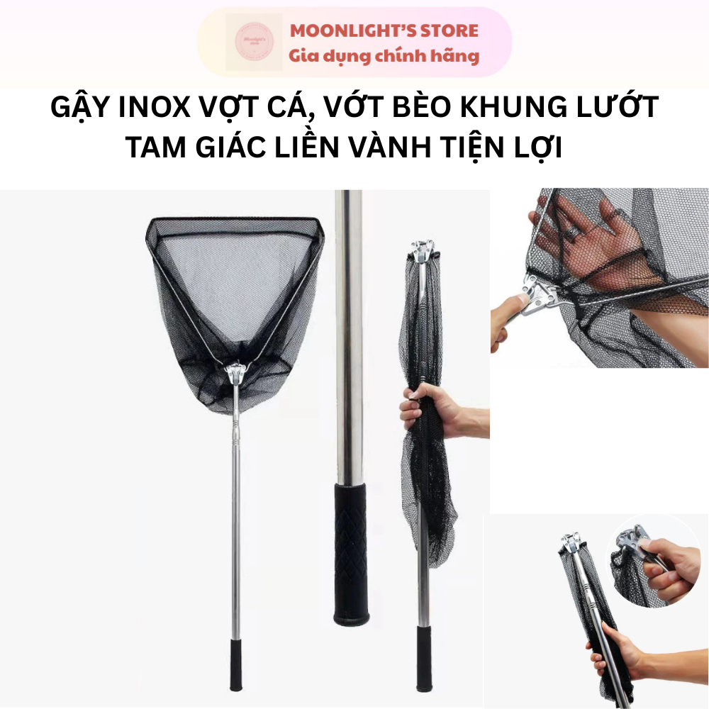 Gậy Vợt Inox Vớt Cá, Vớt Bèo, Lưới Dù Siêu Bền – Khung Tam Giác Liền Lưới, Cán Rút 1.8m – 3m